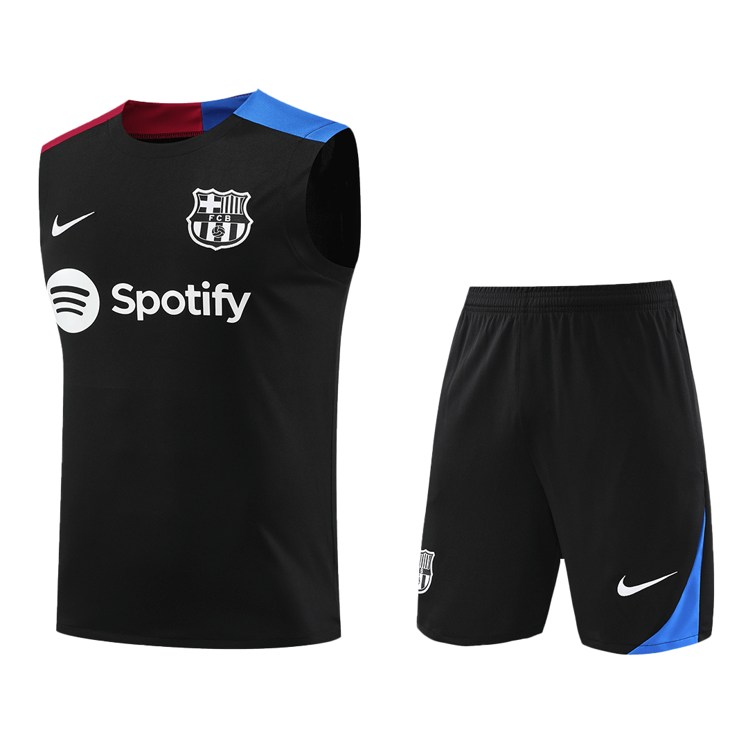 Men's Barcelona Soccer Sleeveless Training Kit (Top+Shorts) -Black - Pro Jersey Shop